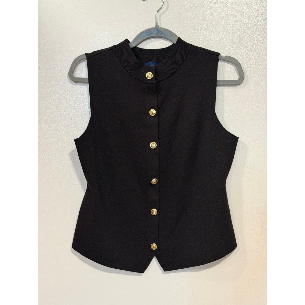 Black Knit Vest Gold Abstract Button Elevated Casual Tailored Career Medium